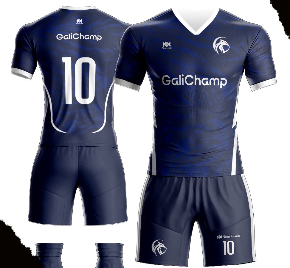 Uniforme 1 do GaliChamp FC: camisa, calção e meiões azul-marinho com grafismos e detalhes brancos